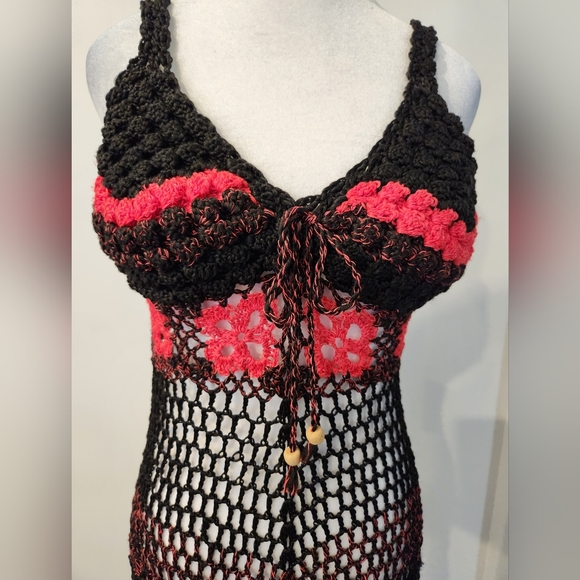 Crochet Black and Coral/Pink Dress - Picture 3 of 6